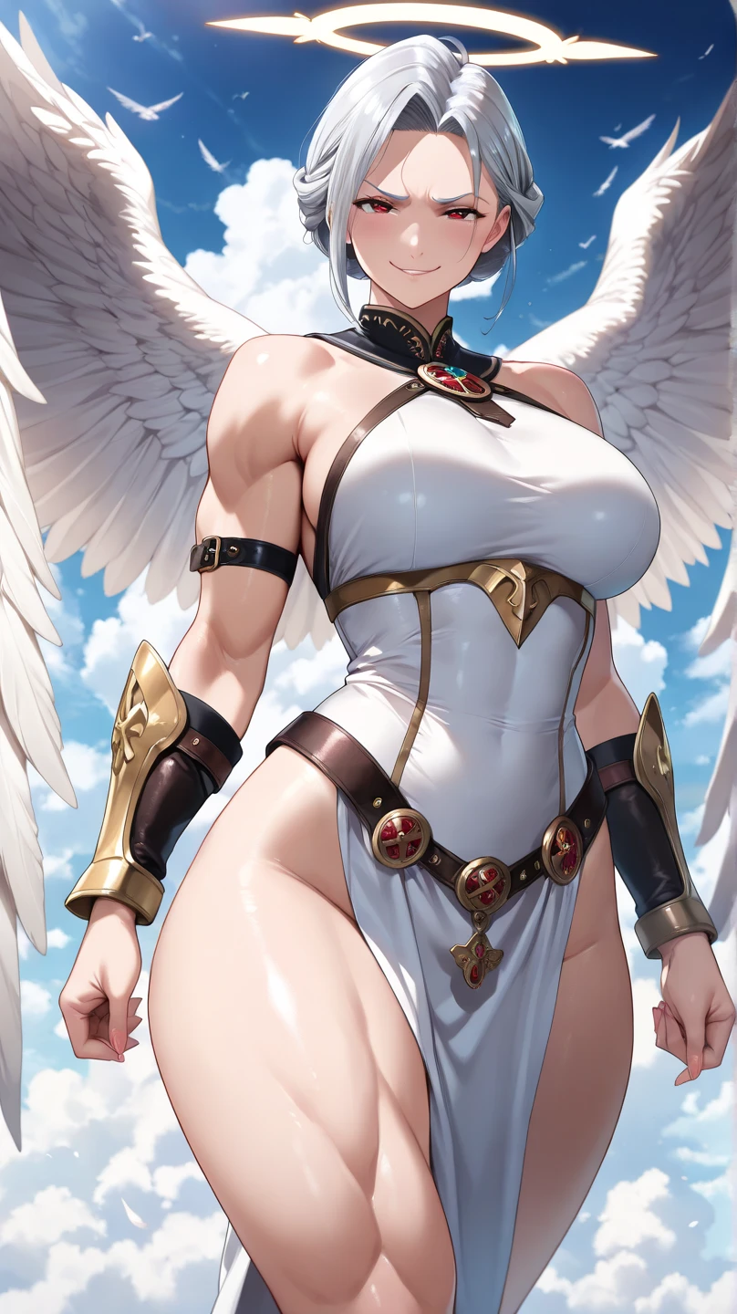 fantasy, 1angel_girl,(young_teen:1.5), ,brown_hair, medium_bob_hair, long_bangs, halo,bare_shoulder,thighhighs,silver_armor, waist_armor, large_breasts,1pair_wings, dynamic_pose_fighting,floating, bare_crotch, headgear,gauntlet, greaves,city_landscape_background,slightly_spread_legs, solo, groin_naked,smile
