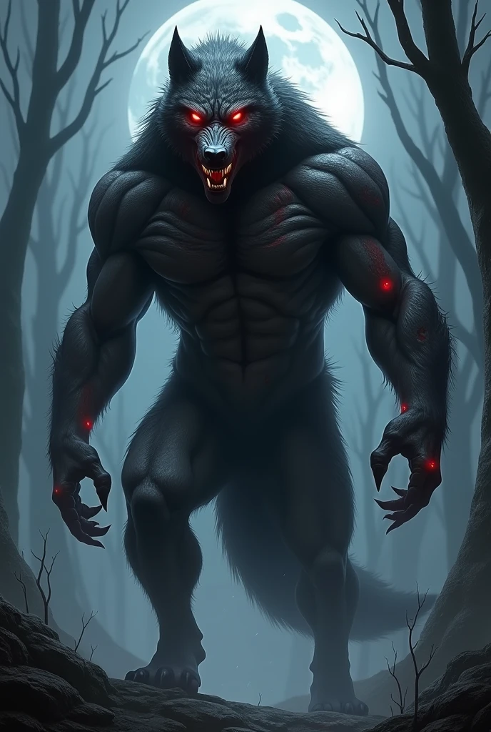 Night photo of a creature with human face mexican male, black dog body,human hands and feet,sharp fangs covered by blood,red glowing eyes