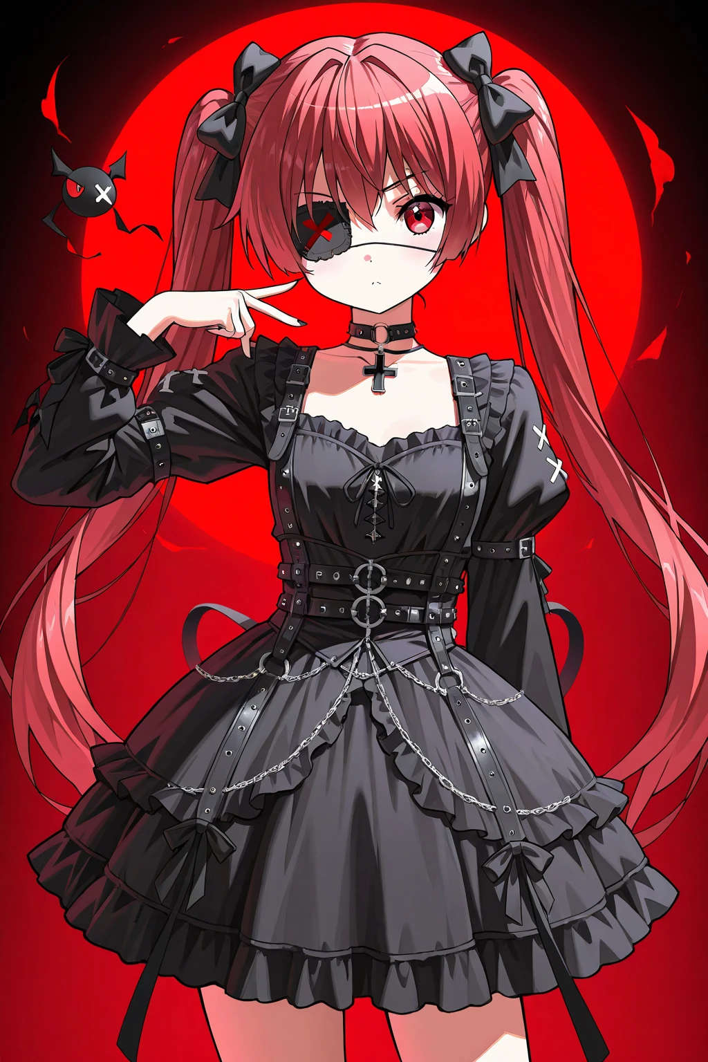 16-year-old girl, six heads tall, gothic Halloween theme, red hair, black and white outfit, chains, skull motifs, spooky cute, dark red background, manga style, edgy, punk elements, black halo, charming illustration, clear outlines, Halloween logos, designed text, stylish poster