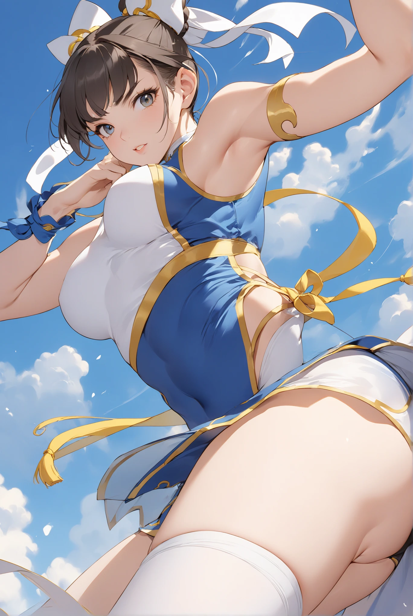 NSFW,Chun-li, showing off her  , mostrando las tetas,with one hand touching her  ,con la otra tocandose una teta.