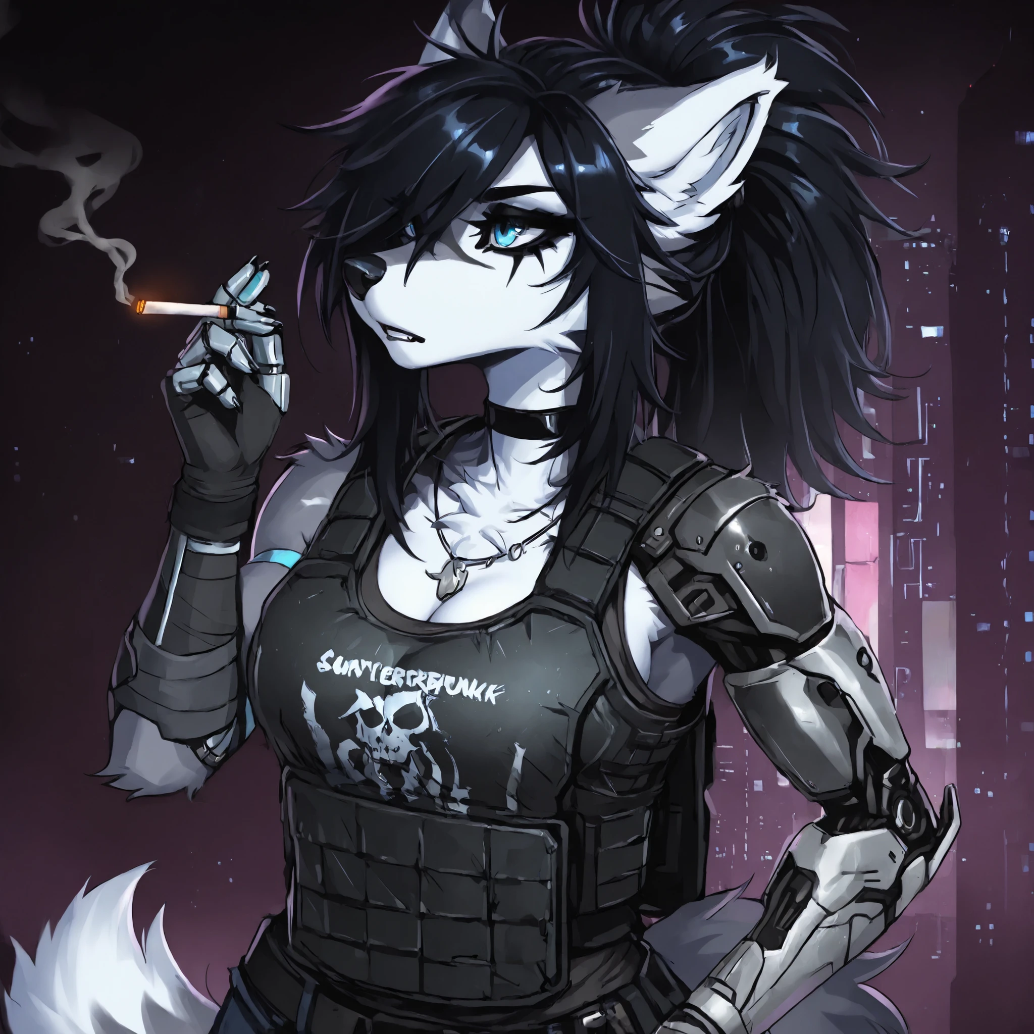 Emo Hairstyle,Source_furry, (((1girl))), furry, anthro, white fur wolf, cleavage, long black messy spiky black hair, blue eyes, bulletproof vest, black eye shadow, black eyeliner, tall, curvy body, athletic build, muscular body, sliver robot left arm, sliver robot left hand, necklace, smoking cigarette, cyberpunk city