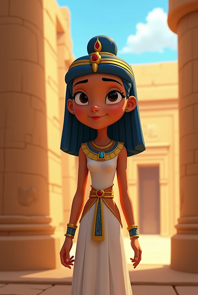 Cleopatra, with her consistent features of smooth olive skin, dark almond-shaped eyes, and straight black hair, now wears a deep blue, intricately embroidered dress with gold accents. She walks into the mysterious temple of Isis at night, bathed in the ethereal light of a full moon. The temple is ancient, with towering columns and walls covered in hieroglyphs that emit a faint, otherworldly glow. A misty fog rolls across the floor, adding to the eerie atmosphere. Cleopatra stands before the statue of Isis, and a soft, radiant light envelops the statue, casting long, dramatic shadows and creating a sense of divine presence. The air is filled with floating particles of light, enhancing the mystical ambiance --v 6.0