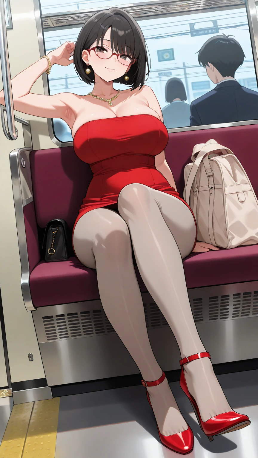 ((Highest quality)), ((masterpiece)), (Familiar), Hazy, Female,Mature Woman,Purple Hair, short hair, Low Ponytail, eye shadow, lipstick, Red eyes,Red Shirt,Red and black jacket,Large Breasts,{Erect nipples through clothes},Cleavage, White tight skirt,Red Heels