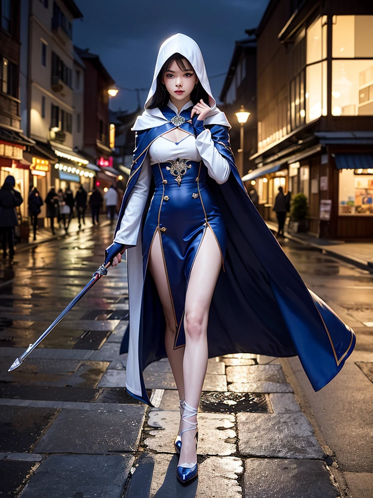 South korea walk women mystery hooded on with modern royal Blue coat with long and wide sleeves with buttons and royal Blue cape and very high white heel over the knee and white gloves, As she reveals a small secret hidden blade coming from his palm , adding to the character's mysterious and agile appearance, with small movements of air on the cape, in summer at night under the rain,medieval south korea house. sophisticated and highly detailed, ultra hd, realistic, hyper detailed, enhanced colours, ultra sharp focus, with vibrant, rich in details High quality, gorgeous, captivating, 8k, super detailed, stunning shadows, detailed lines, blood stain on coat and gloves, corpses in the street recently murdered