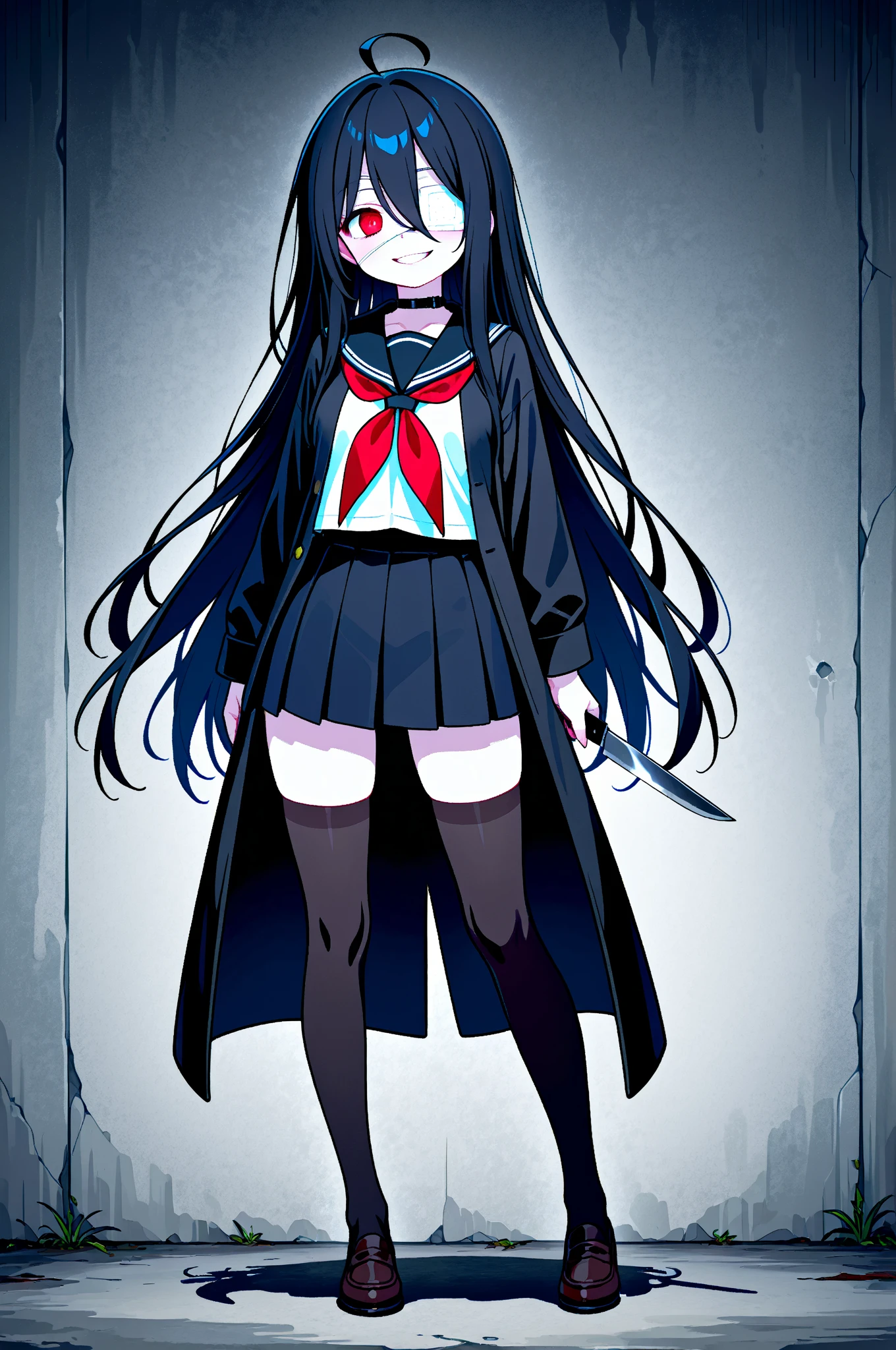 8K Ultra High-Quality, ultra-detailed, High quality, Dark Blue hair, Long hair, cat girl, glasses, face covered in injury scars, depressed face, arms covered in bandages, staring at her arms, grey background, full body