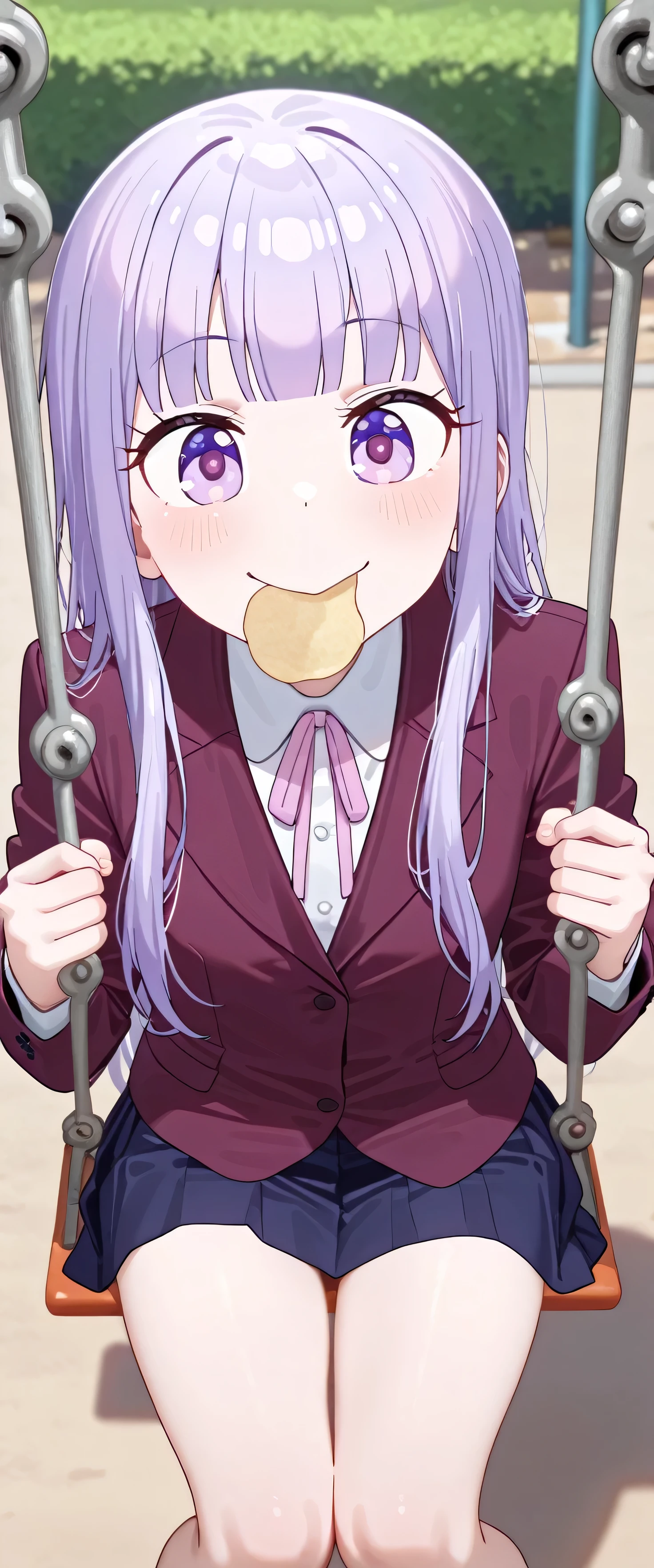 (beautiful girl: 1.3),Highest quality,8k,Highly detailed CG unit wallpaper,masterpiece:1.2,top-quality,Ultra-high resolution,RAW Photos,real texture skin,beautifully shaped butt,1girl,solo,Aoba SUZUKAZE,purple hair, long hair, small breasts,smile,Tilting head,suits, skirt,(close up:1.5),swing,park,pringle duck,potato chips, mouth hold, food in mouth, eating
