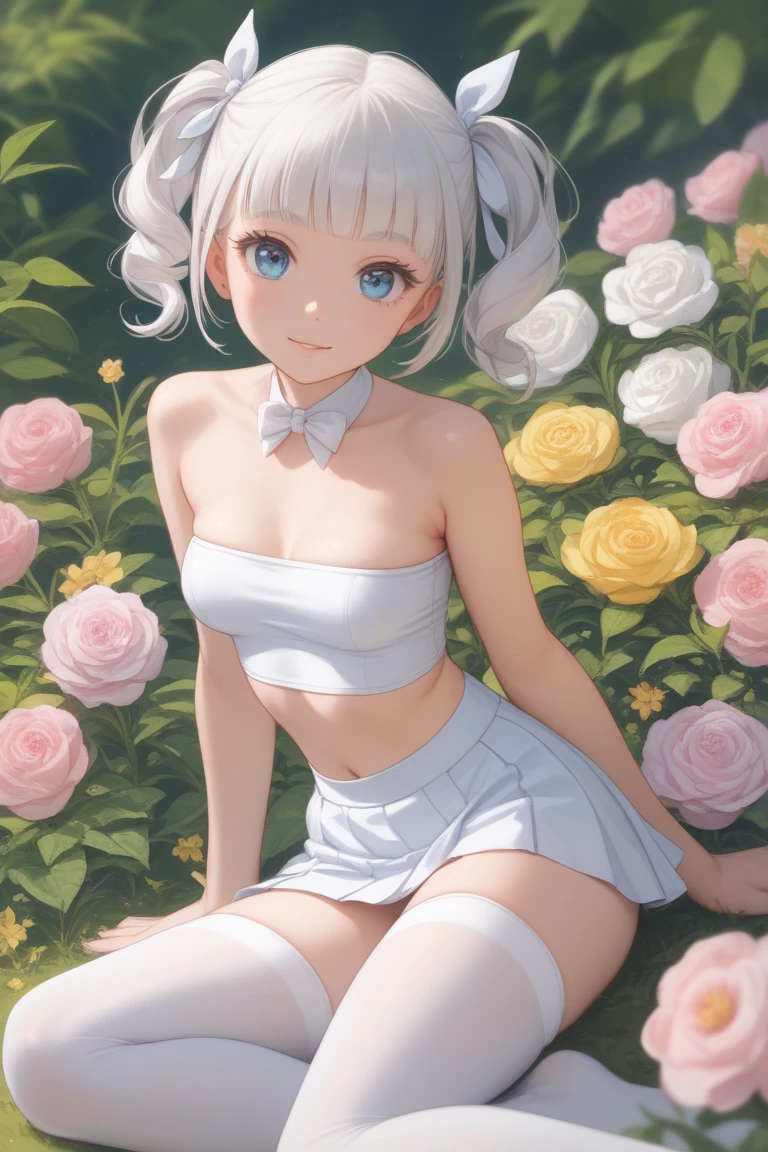 (busty girl), (white jacket), (light pink)tanktop, (pink thong)(high-leg)(high-cut), erect nipples, Narrow constricted waist, belly button, Small hips, bare hips, (partially exposed)vulva, (blond hair)buns(twintails), White ribbon, Dark Eyes, blue eyes, sunny, (crotch wedge)cameltoe