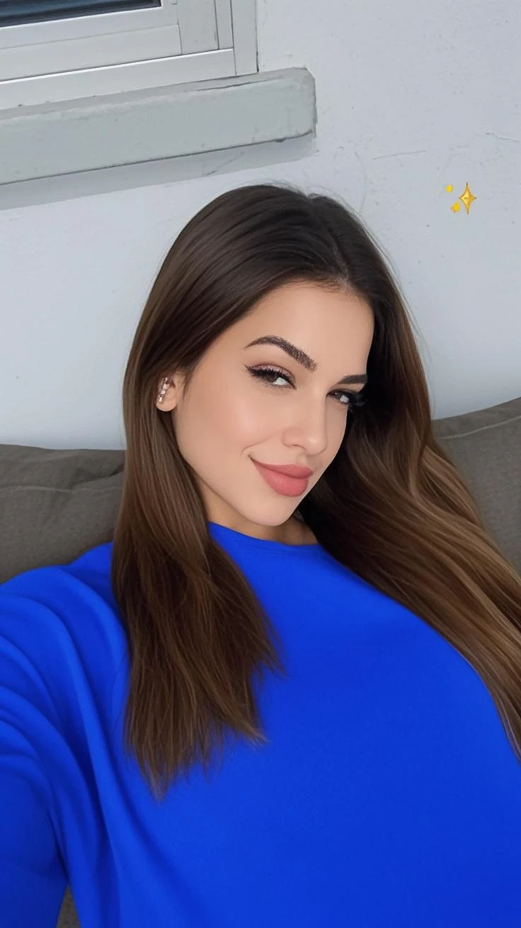 mulher morena, olhos pretos, cabelo castanho liso, blusa preta, maquiagem e batom