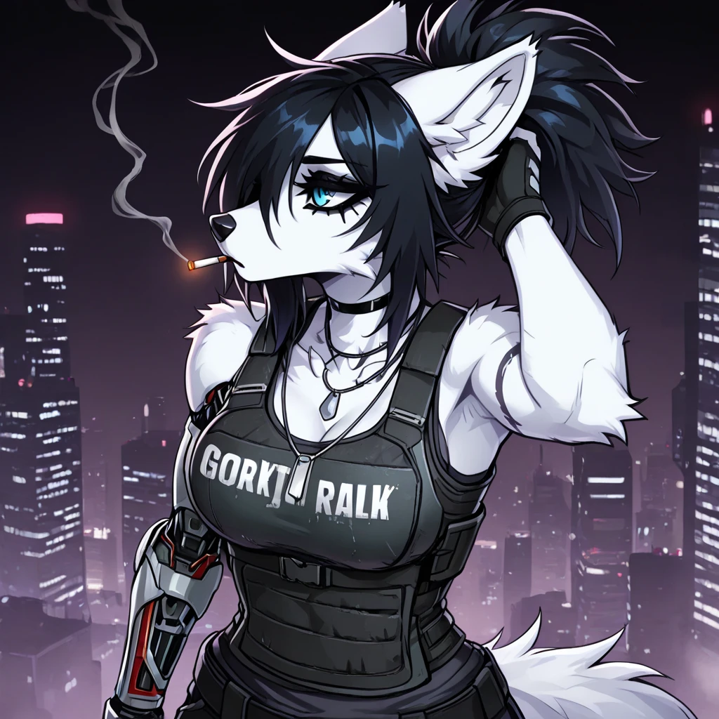 2girls, doing anything, any pose, massive breasts and hips and butt, fur color and pattern, any eye color [Heterochromia allowed], ((Fluffy fur and tail)), full face blush, any expression, doing anything, any pose, rooftops, night, cat, any weapon, sci fi, armed or unarmed, undersized maid outfit, wolf, perfect body