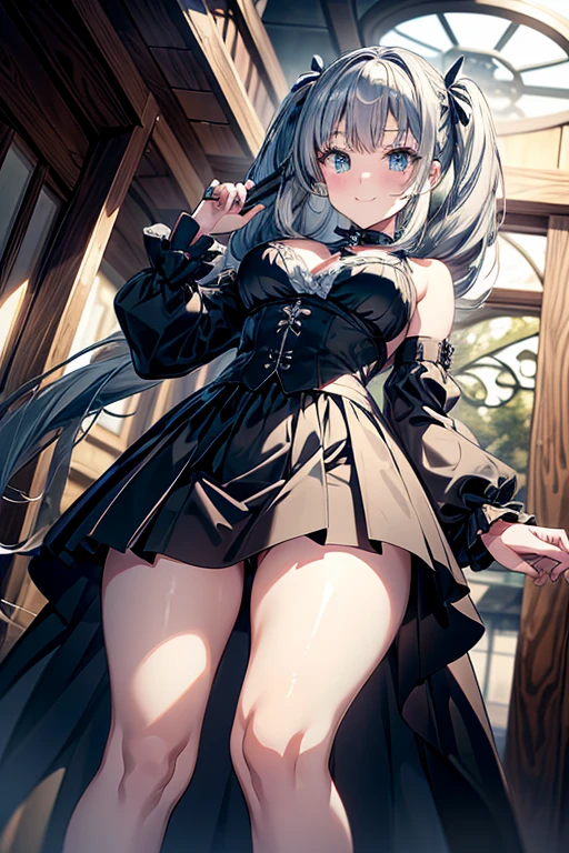 (top-quality: 1.3)、(​masterpiece: 1.3)、(The ultra-detailliert: 1.3)、(wall-paper, one girls)、(Black Lolita Dress:1.3)、Lace material dresses、(Brown pantyhose:1.3)、(Ash gray hair:1.3)、Medium Hair、waved hair、poneyTail、(Beautiful Large Breasts:1.3)、borgar、castle town、ssmile、sexypose、dance、raise the right leg