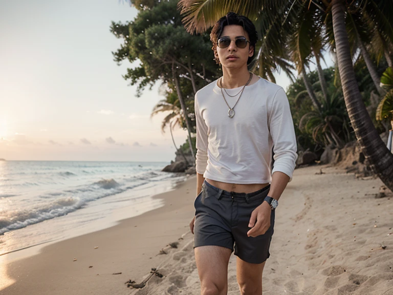 8k euh, Reflex numérique, Haute qualité , photo brute, photographie réaliste , tout le corps, Fujifilm XT3, Canon R5, beaux hommes , plage , Chemise hawaïenne et pantalon vert ample homme noir 