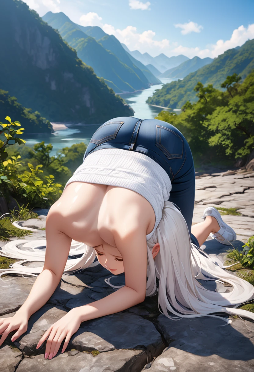 A Female robot is sleeping in forest, spread legs, nude, banzai pose. she does not wear any dress. She has black short hair. She lifts up the under hem of her white plain dress, leaning over, masterpiece, mature, android, blue eyes, full body figure, Height: 160cm, flushed cheeks, 2020s anime picture, A beautiful female robot , No NSFW, whole body, barefoot, archaic smile, getting orgasm, 25 years old, sweat bucket. She wears silver metal flamed glasses.
She can move while doing a handstand.