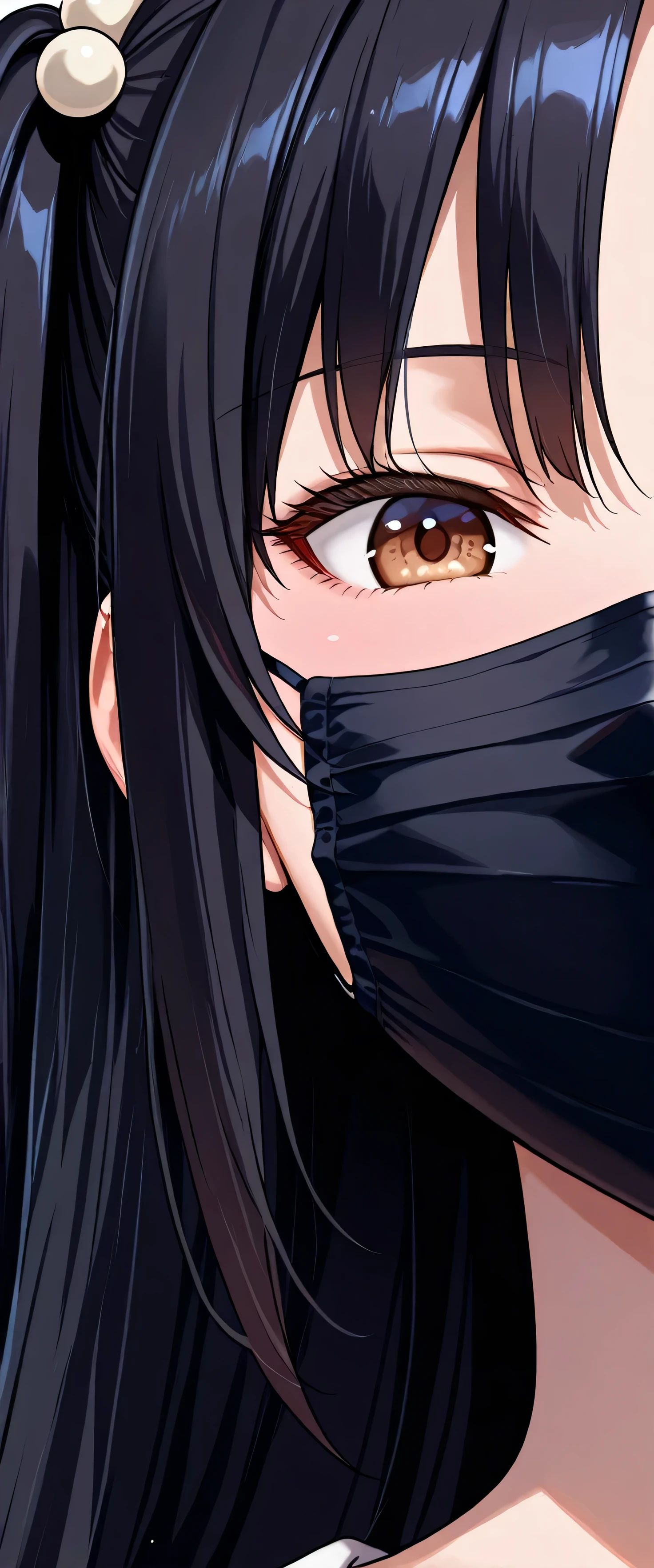 (beautiful girl: 1.3),masterpiece,Please redeem,Ultra-high resolution,Rich contrast,Very high quality,8k,Highly detailed CG unit wallpaper,Texture,So ridiculous,RAW Photos,Incredibly absurd,Depth of written boundary 1.2,ultra-detailed eyes,Uchida Yuka,long hair,black hair,two side up,hair ornament,hair bobbles,bangs,brown eyes,black mask,(close up:1.5)