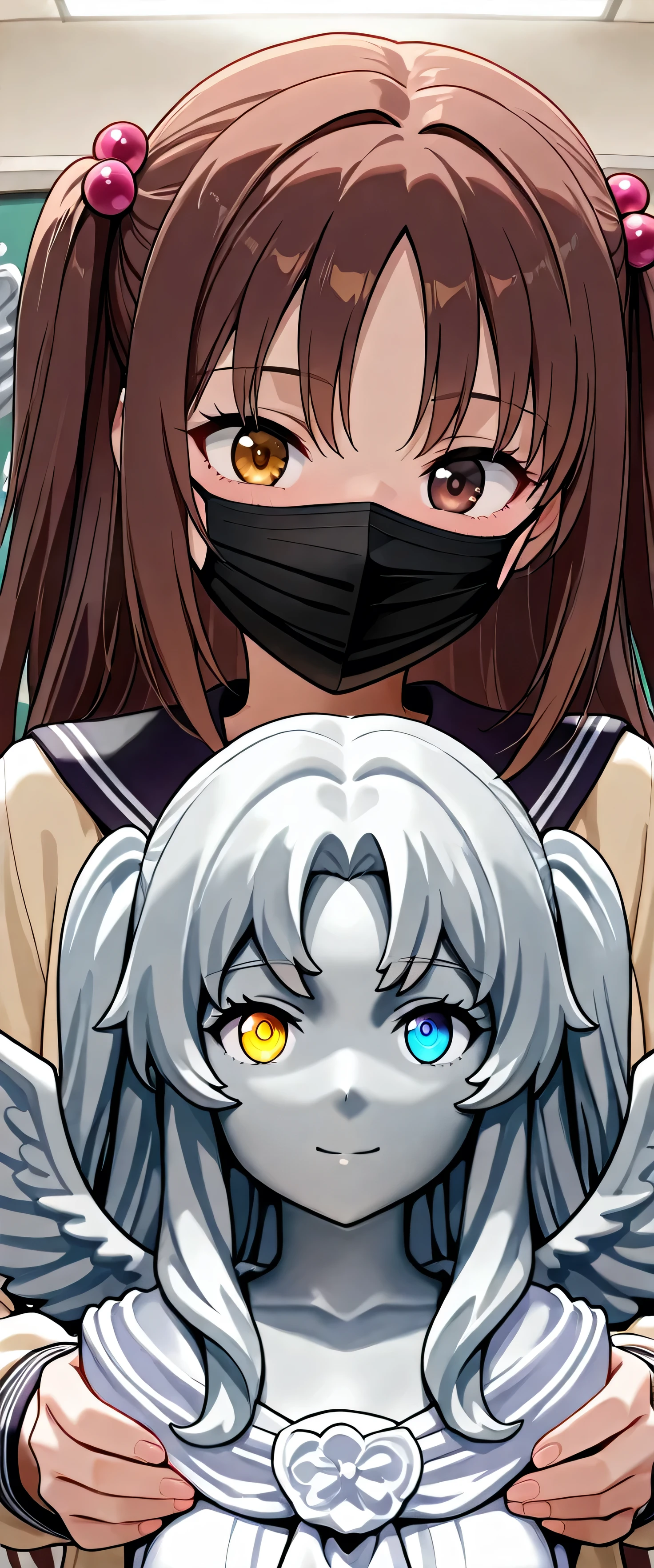 (((she has a chisel))),(beautiful girl: 1.3),masterpiece,Please redeem,Ultra-high resolution,Rich contrast,Very high quality,8k,Highly detailed CG unit wallpaper,Texture,So ridiculous,RAW Photos,Incredibly absurd,Depth of written boundary 1.2,ultra-detailed eyes,Uchida Yuka,long hair,brown hair,two side up,hair ornament,hair bobbles,bangs,brown eyes,(She makes the statues she makes have heterochromatic eyes:1.5),sculpture,school art room,black mask