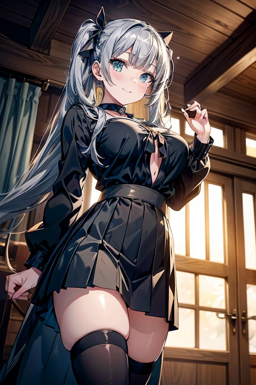 (Highest quality, High resolution, Very detailed), 1 female, Silver Hair, Long Hair, Reddish brown eyes, Black Dress, Nude, pussy, vaginale, ((pussy juice)), secretary, 24th generation, Beautiful woman, mature, thin, quiet, Calm, Large Breasts, A small smile, sofa,