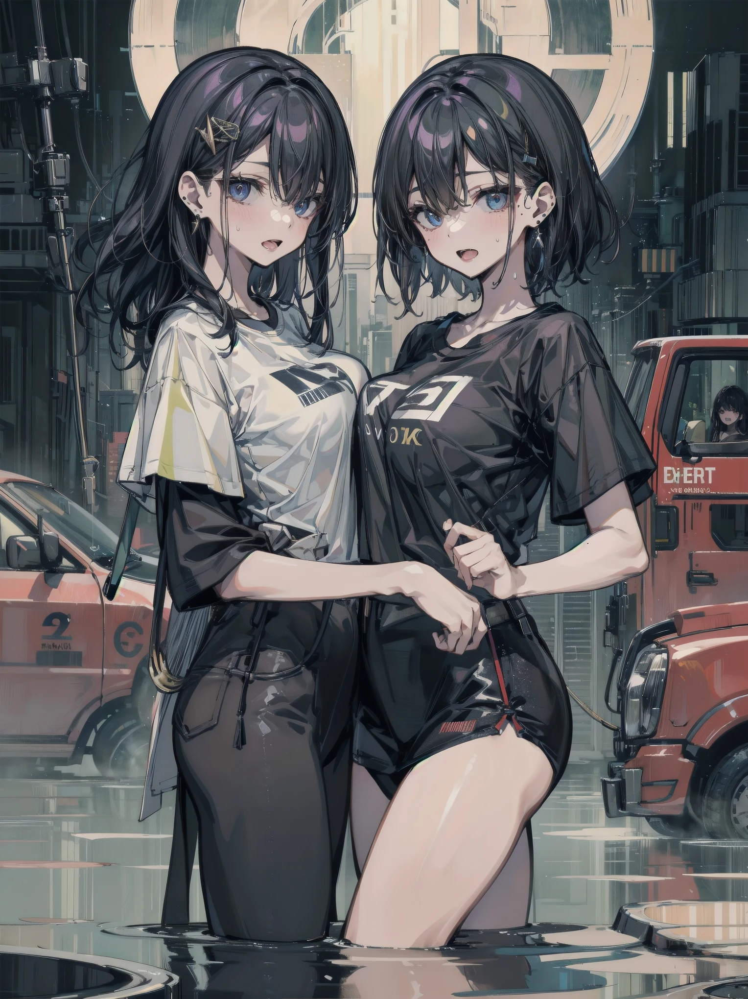 shorth hair, Pixie, reddish eyes, Bblack hair, best qualityer, 8K, looking at the observer, medium locks, Kizi, long eyelash white, 2 cheek piercing, mouth piercing, black sweatshirt, white long sleeves.