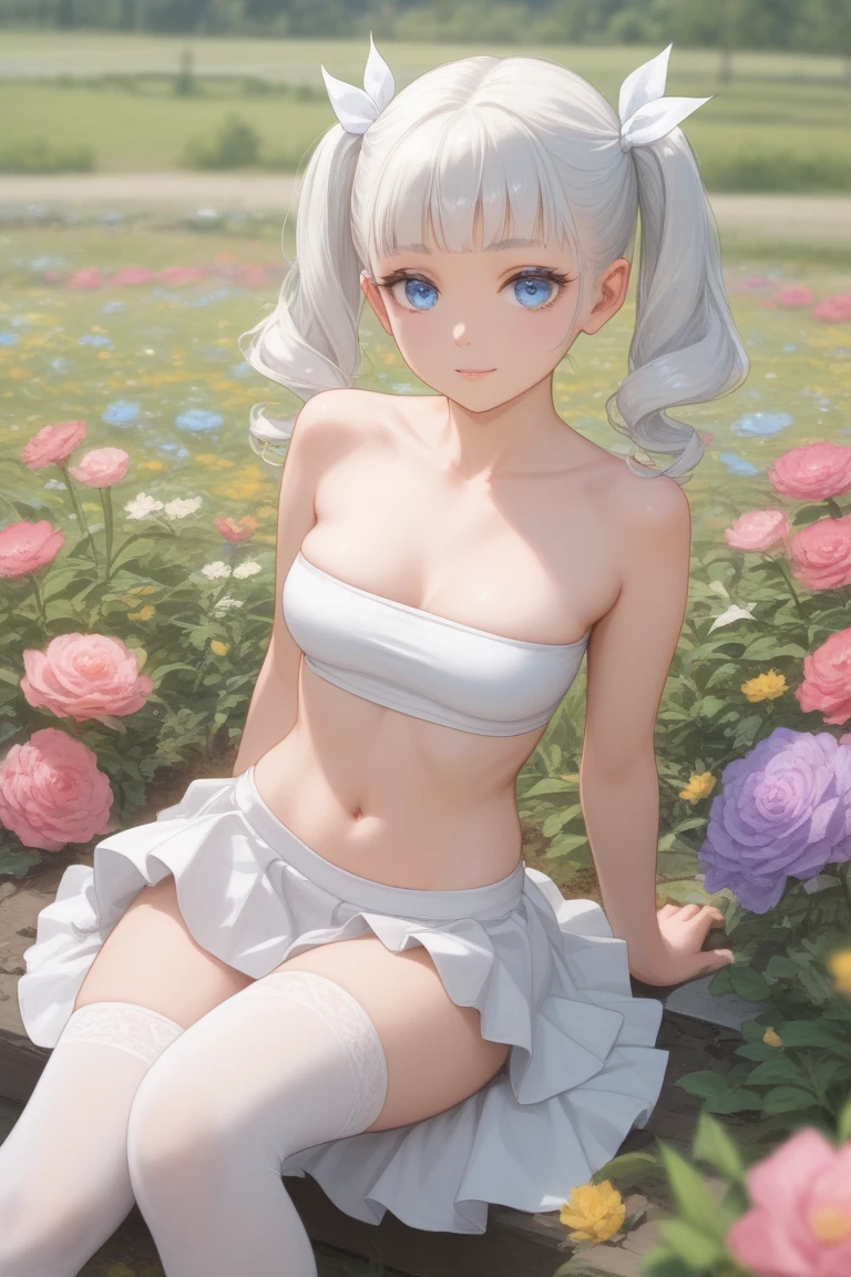 Visualize an anime girl with a pure and innocent look, representing the Shiro (White) Lolita theme. Her Lolita-themed bikini is a pristine and elegant design, featuring white lace, bows, and a modest two-piece swimsuit. Posing in a garden of white roses, she holds a prop lace fan with a gentle and serene expression, capturing the purity and simplicity of Shiro Lolita. The setting is adorned with white roses, elegant pillars, and serene landscapes.