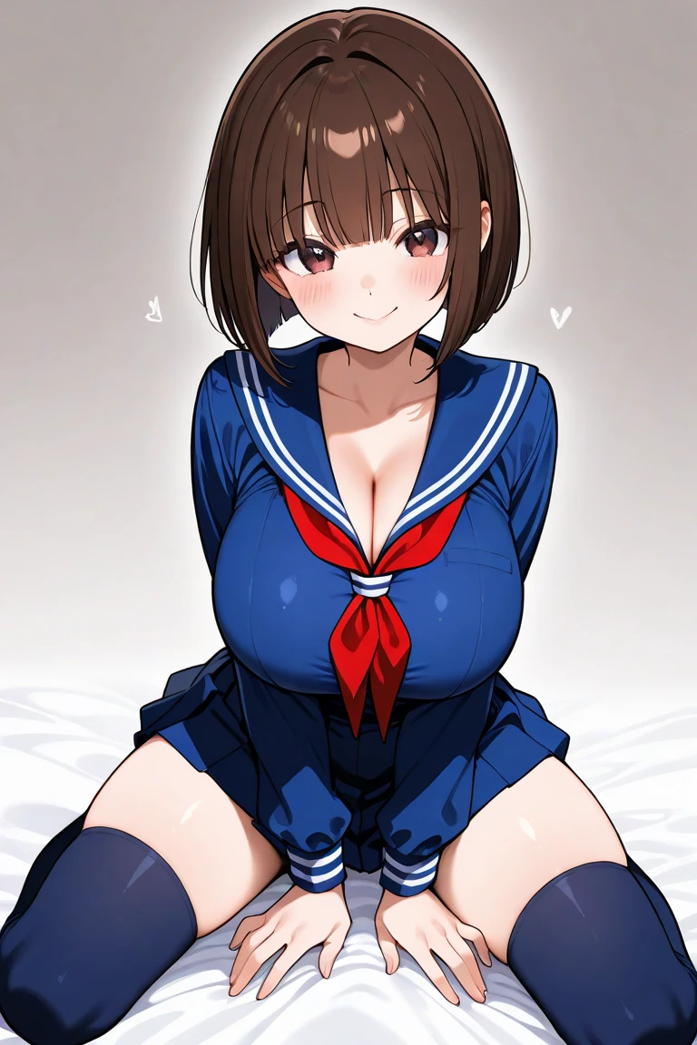 (masterpiece, best quality:1.2), realistic, High contrast, behind shot, 1girl, kawaii, (super big breasts, micro waist, very long legs:1.4), Black hair, short bob hair, short height, scrawny and thin body, Light Skin, cute big eyes, cute beautiful thin face, cute smile, serafuku, pigeon-toed, wet and sweaty, visible ribs, V sign, Trembling