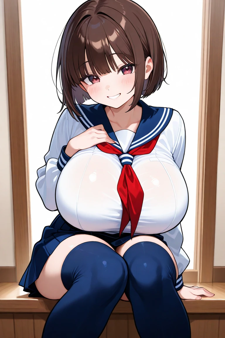 top-quality、masterpiece、超A high resolution、(Photorealsitic:1.4)、Raw photo、独奏、hi-school girl、JK、pupils、a sailor suit、校服、skirt by the、A dark-haired、short-hair、glowy skin、Wet body、Dramatic Writing、full bodyesbian、large full breasts、Plump body、Colossal tits、huge udder、、huge-breasted、voluptuous breasts、A slight smil、(top-quality, masterpiece:1.2), (huge-breasted:1.6), Long breasts, (hanging breasted: 1.6), (absurderes:1.2), (真实感:1.2)、Huge ass、Plump ass、thick thighs、long legged、beautidful eyes、Powerful eyes、seduces、Modern School、inside in room、the setting sun