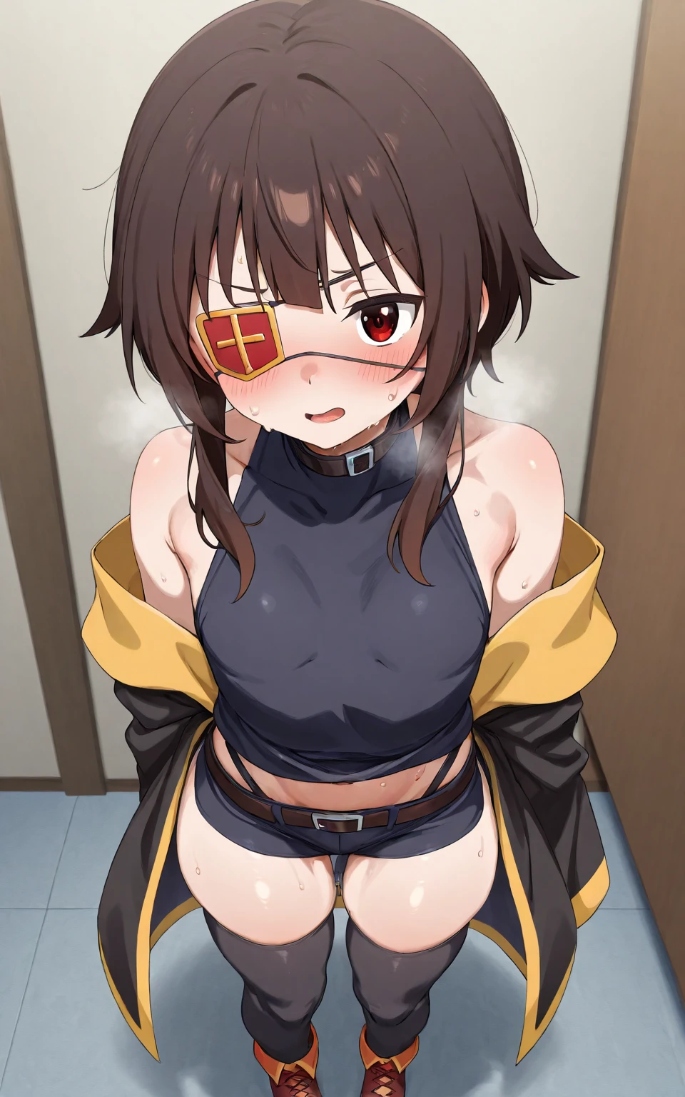 Girl, Megumin, short hair, brown hair, bangs, bust up shot, dress, sanpaku eyes, dark makeup,  dark mascara, jdotkdot5 artist on twitter, jdotkdot5 art style, nsfw 1.0, downblouse, small breasts