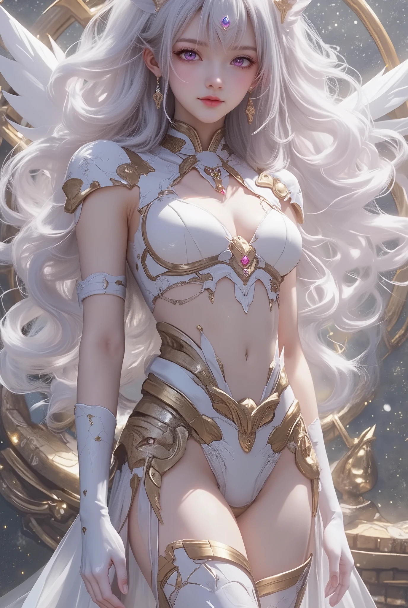 solamente, Super fine photo, Unreal Engine 5 8K UHD digital art portrait of a girl, Arte conceptual, character concept design, wearing a tight, shiny white dress with metallic details, corona de oro, ojos azules, fantasy princess, guante metalico, cabello largo y rubio, La mejor calidad, Obra maestra, Super detailed, sharp focus, pose  Sujestiva y sexy y inocente y