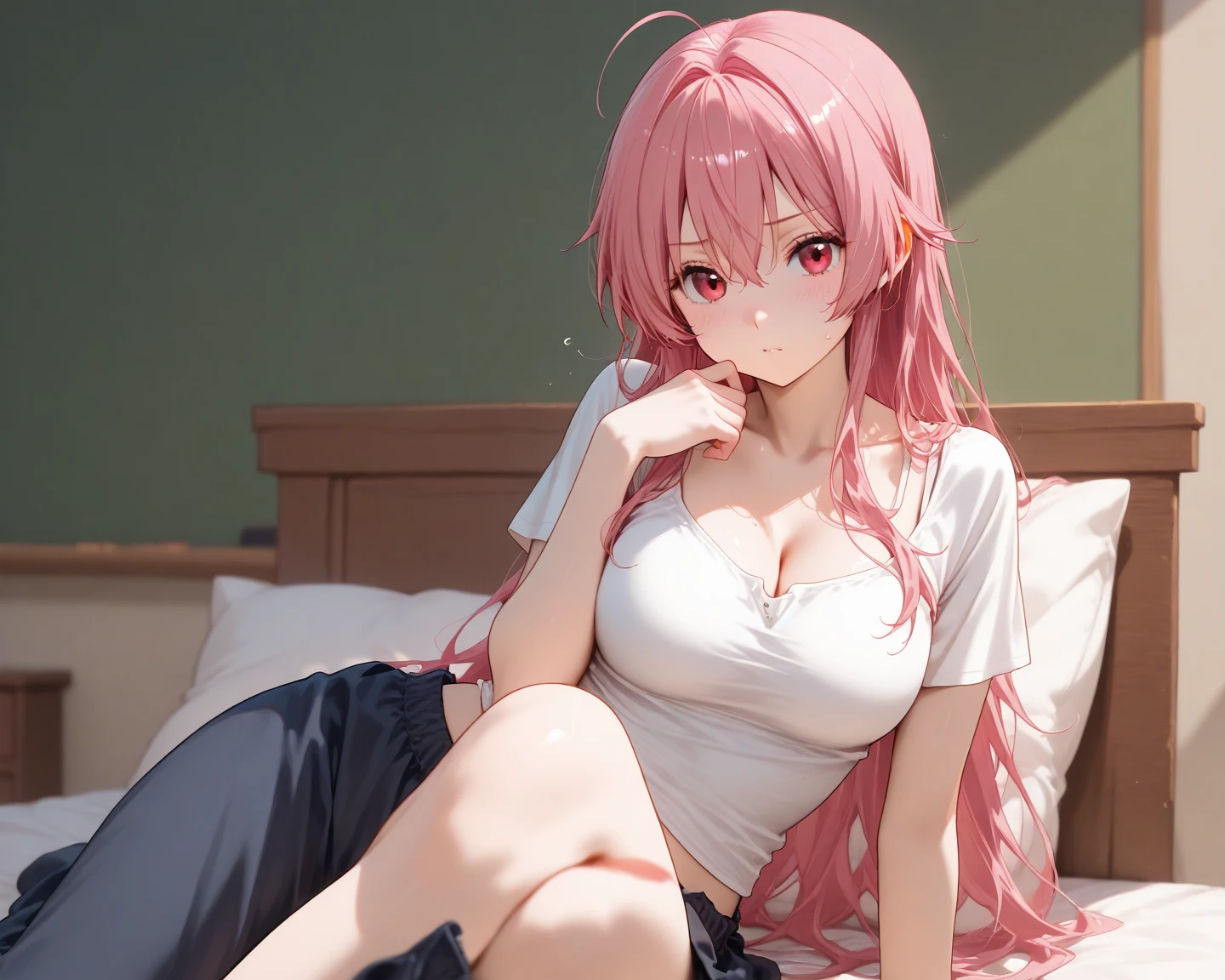 (masterpiece:1.5), (best quality:1.5),(high resolution:1.5),(beautiful pretty cute face:1.3),(beautiful detailed eyes:1.2),(tsurime:1.2), (red eyes:1.2),(upper body:1.4), looking at viewer,(small breasts:1.2),(1girl:1.2),(solo:1.2),embarrassed,(cute pink nipples),bedroom,(leaning forward:1.5),(downblouse:1.2),(loose t-shirt:1.2) ,