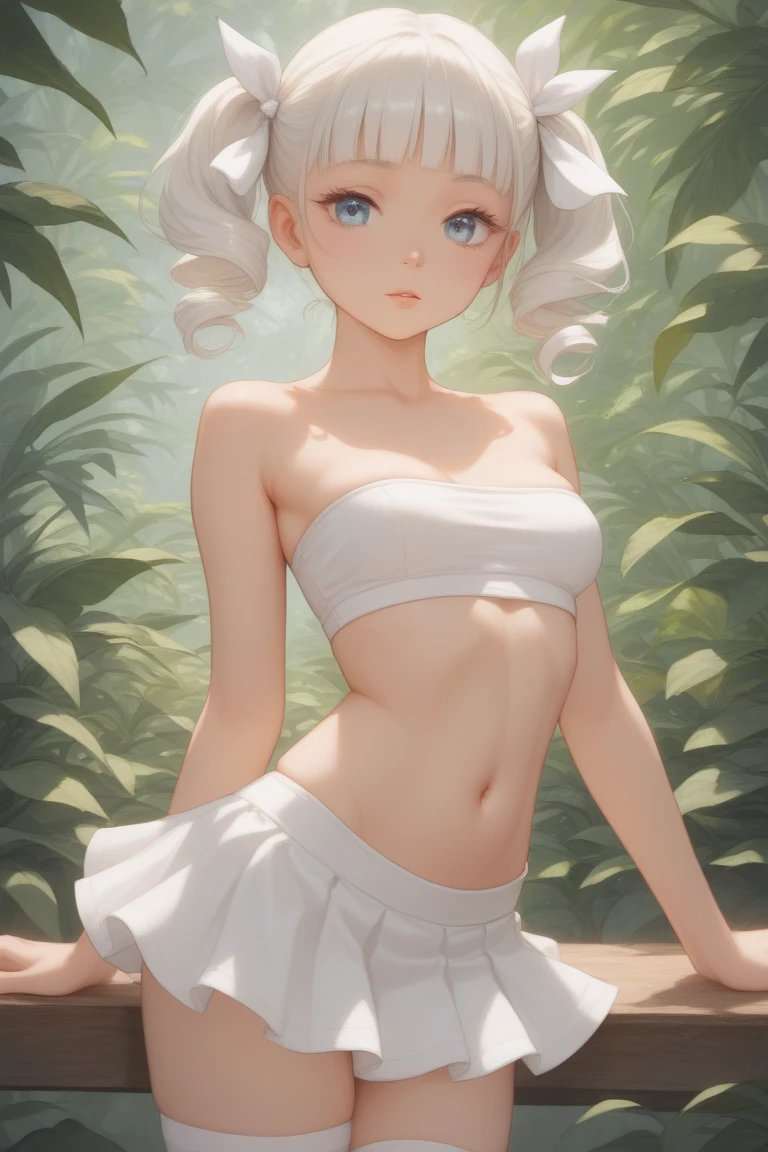(masterpiece, top quality), one girl with long white hair sitting in a field of green plants and flowers, warm moonlight, blurry foreground, loli, river bank, bra shorts, odd eyes