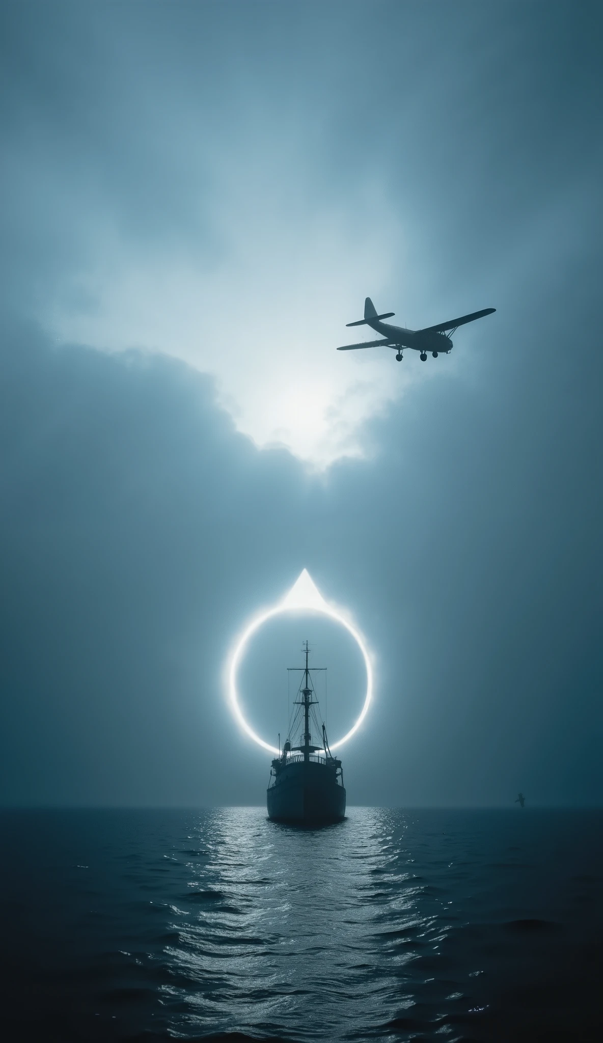 Ultra-realistic cinematic illustration of a vast, mysterious ocean at twilight — dark, inky waters glowing with a faint eerie light. A ghostly silhouette of a ship fading beneath the waves, and an old airplane caught in a glowing triangular vortex in the sky. Mist swirls above the surface, with soft whispers of ghostly figures hidden in the clouds. The atmosphere is both beautiful and haunting — blending supernatural mystery with dramatic lighting. Wide view with dreamy haze, deep blue and silver tones, 9:16 vertical composition, perfect for reels or shorts thumbnail.