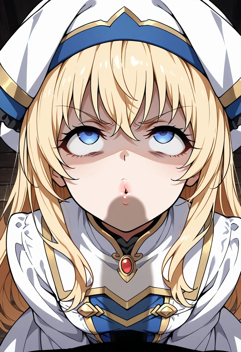 (1girl, Priestess \(goblin slayer!\), goblin slayer!), beautiful detailed eyes, Blue eyes, half-closed eyes,(tareme), (opened big mouth, licking, Sticky tongue), nsfw, (close-up mouth), (curvy, Slender),(cleavage), from above, Highest quality, Super detailed, masterpiece, Ultra-high resolution, 8k, Embarrassing, blush, Lovely, (With tears in my eyes), Sticky saliva