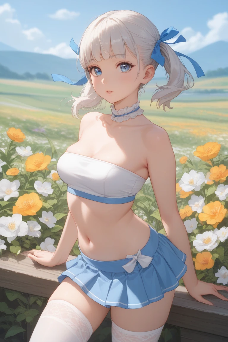 Masterpiece, high quality, 8k, ultra detail, ((kamisatoayakarnd)) standing, night,outdoors, (crop top), navel, (shorts), (off shoulders:1), choker, smile, armpit, (large breast), (nude arm)