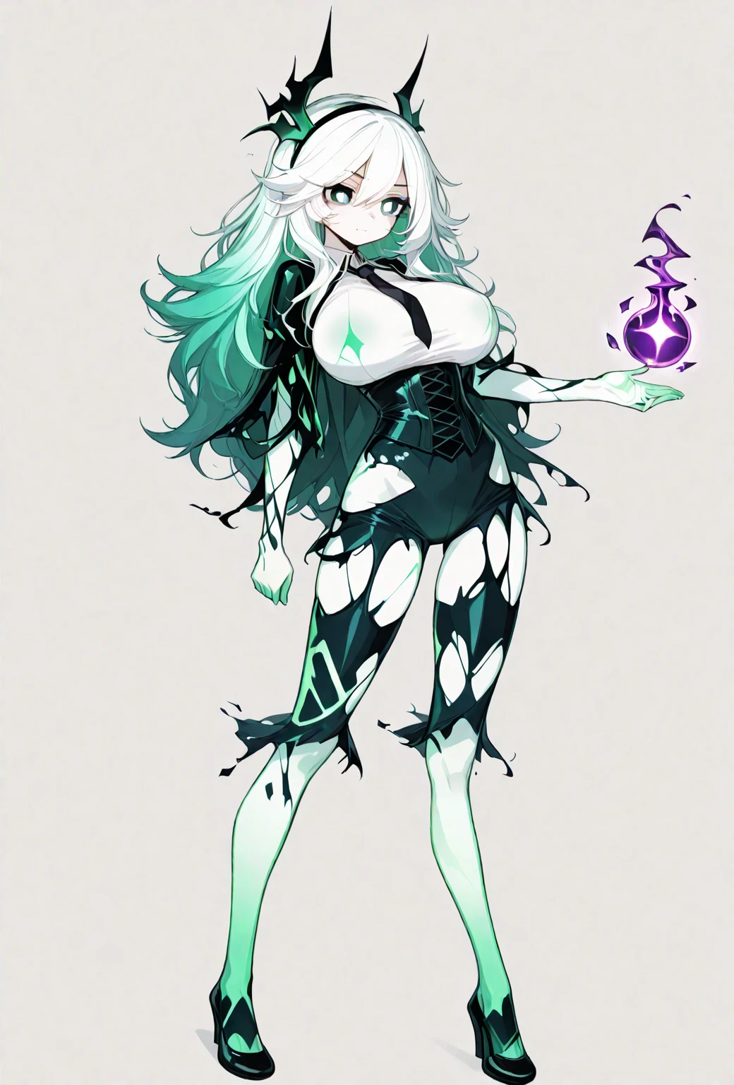1girl ,green eyes,grey hair,beautiful clothes, (high resolution, high detail, best quality),blank background, alone, medium breasts, holding a 4-leaf clover, dryade