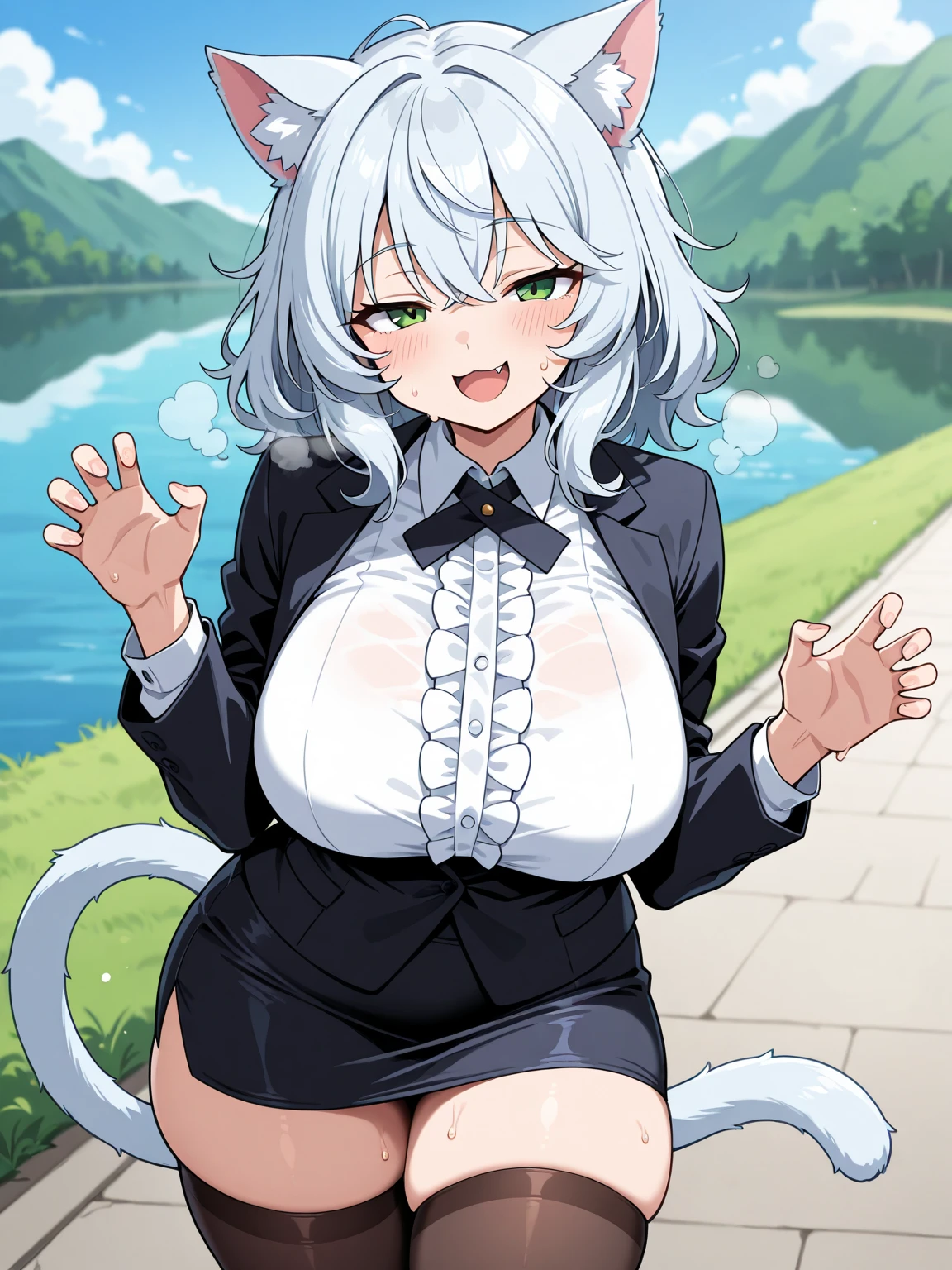 (masterpiece, Highest quality), 1 person、One person、Kindergarteners、、6 years old、child、childの小さな体, 幼いNeferpitou, ange eyes, Gray Hair, Wavy Hair, Short Hair, Curly Hair, Animal ears, Hair between the eyes, Cat girl, cat tail, tail, Cat ear, joint, doll joint, shirt, Long sleeve, pantyhose, collared shirt, blue shirt, question mark, shoes, shoes下, Hunter x Hunter, Neferpitou, doll joint*, (joint:1.4)、Leg spread、Open your legs、Pussy、Thick white love juice、Drip a large amount of love juice、orgasm、Background Nature、Intense masturbation、Intense masturbation、(Huge breasts:1.7)、blush、Open your mouth and scream、Sweat、Pleasure、Sit with your legs apart、Spread your legs、orgasm、Pee、incontinence、Deep cleavage、Pussyに指を入れる、sexual behavior、Sex、Very large breasts、Massage the breasts、From below