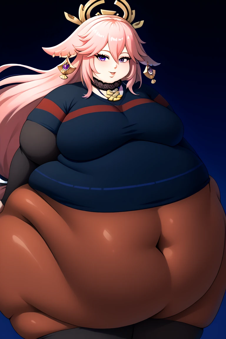 very fat, large stomach, chubby (best quality, masterpiece), thanksgiving, wearing sweater, grabbing belly, sitting down, table with of food, table tons of food, lots of food, holding belly, table with food, sitting, wearing sweater, Yea Miko, light pink hair