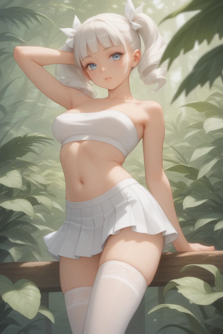 (dark skin,Silver Hair,Fox Girl),(Perfectly detailed face),(Young),twintails ,(camisole,mini skirt),(((skirt lift))), (((Black underwear))),cameltoe,garden,noon,sweaty,Smirk,High resolution, masterpiece, Highest quality, High resolution, Cowboy Shot