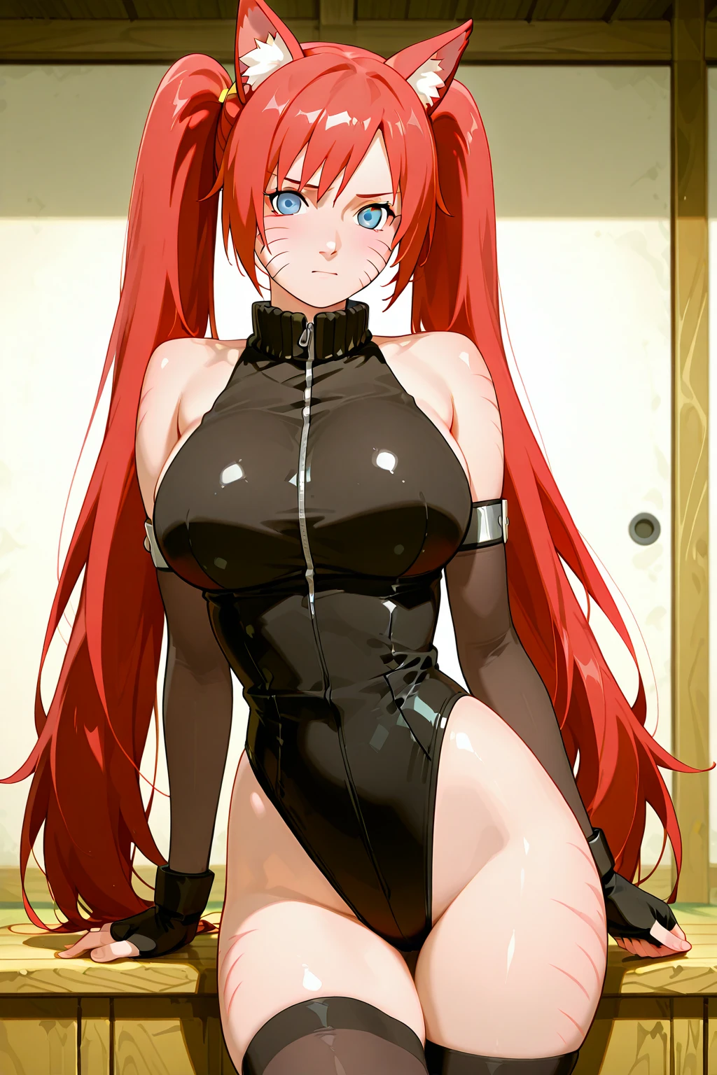 Rias gremory , long hair, huge breasts, huge ass, wide hips, expressionless, bodysuit, platform heels, hypnotized, garrison cap, saluting, standing at attention, looking at you, full body shot, thick thighs, HD, 4K, high details, full body shot, symbol-shaped pupils, heart-shaped pupils, red hair, muscle girl, SMS-uniform, full body