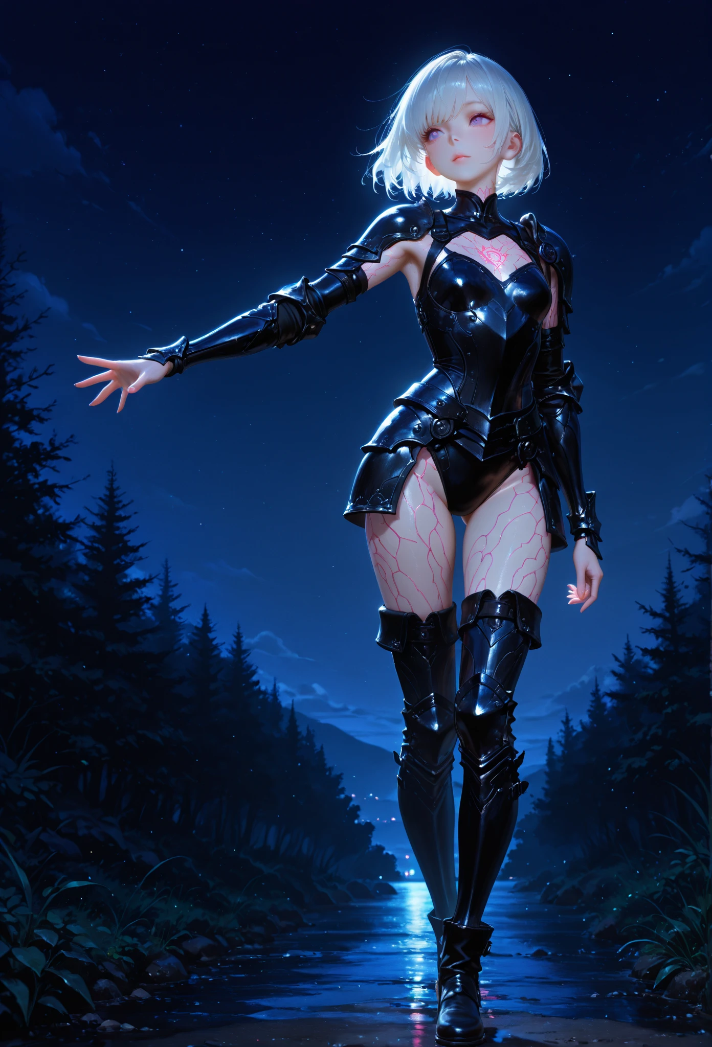 A full-body shot of Selene, a superheroine with short white hair, wearing a silver leotard. She has black gloves that reach her elbows and black boots that reach her knees. She stands mysteriously, with a moon emblem on her chest, ready to wield her lunar powers.