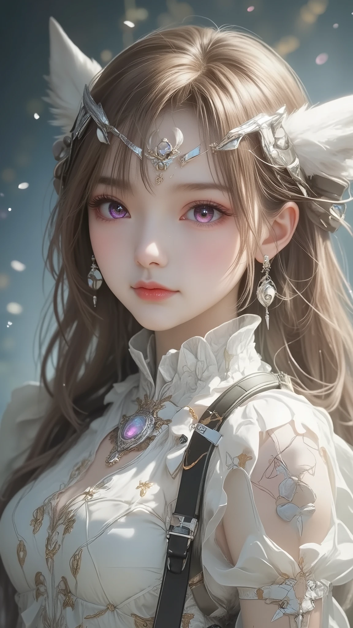 1 , long white hair . chest. fox ears. MULTICOLOR EYES. PURPLE EYES , pink eyes. earrings. Dancer's candid attire. The symbol on the forehead is in the shape of a moon . full length .