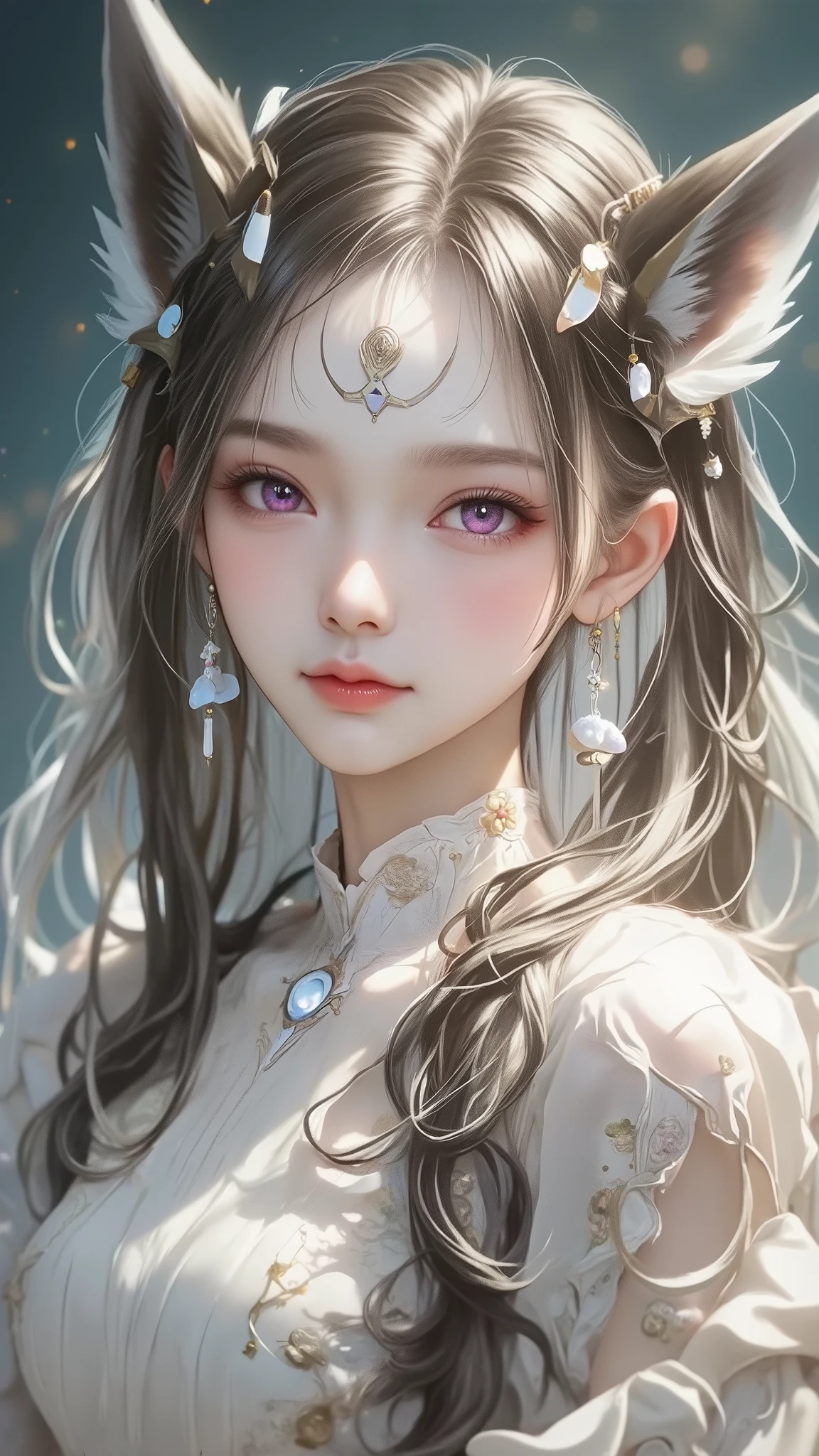 1 , long white hair . chest. fox ears. MULTICOLOR EYES. PURPLE EYES , pink eyes. earrings. Dancer's candid attire. The symbol on the forehead is in the shape of a moon . full length .