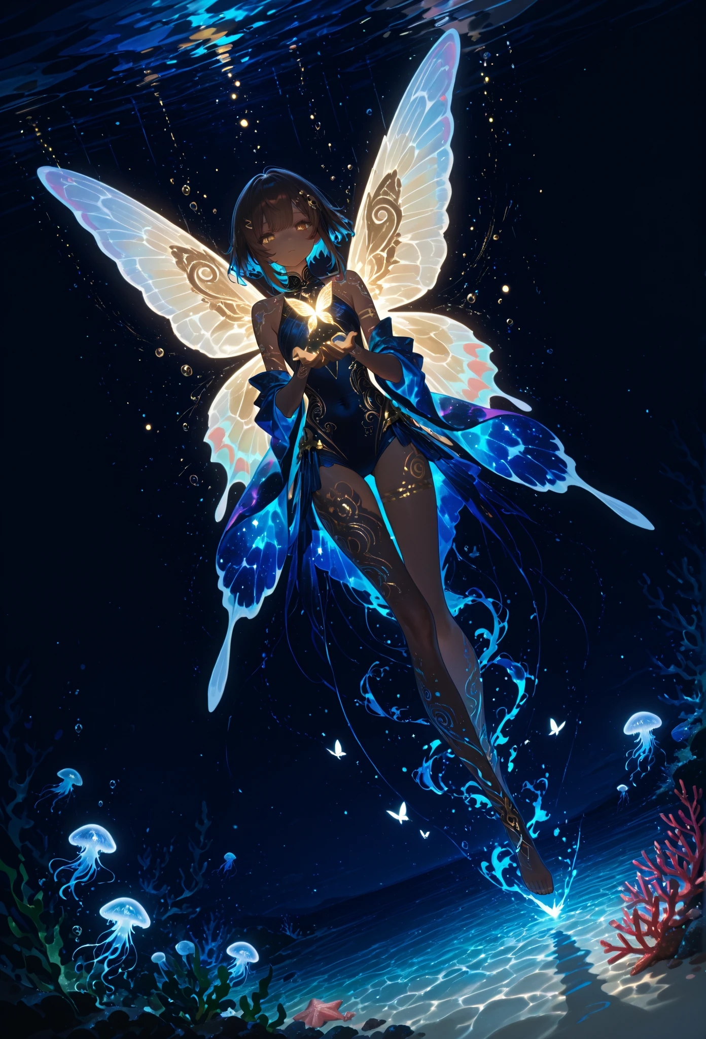 (girl:1.2),(Floating:1.1),(insects:1.1),Centered,Character Sideways,backlighting,full body,