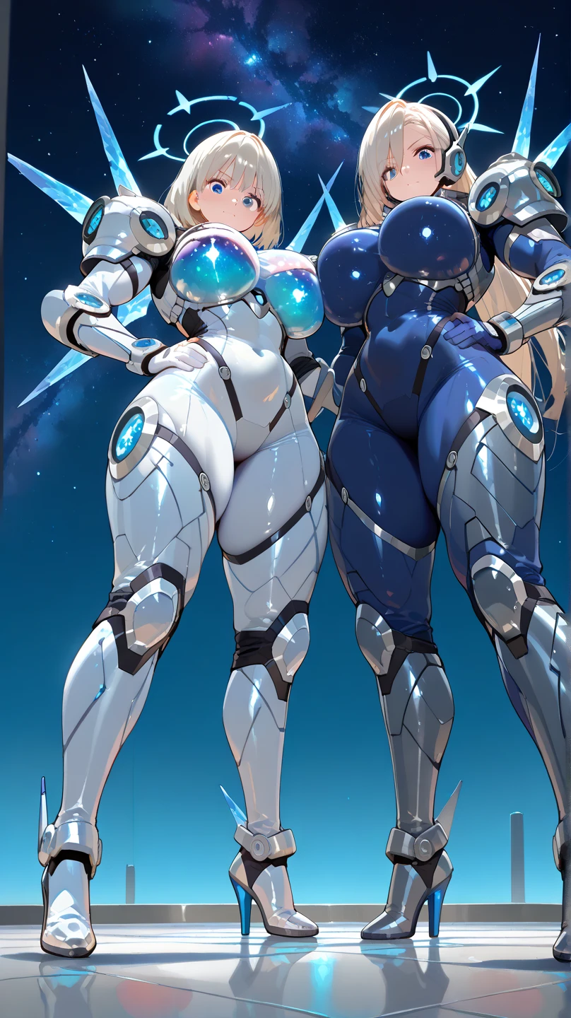 2girls, dark skin, dark-skinned female, bodysuit, ass, from behind, full_body, ((full body)), white bodysuit, white hair, long hair, hood, bodysuit, neon, neon trim, neon lights, machinery, tech, futuristic, science-fiction, breasts, mature female, thick thighs, yellow eyes, smug, smile, smirk