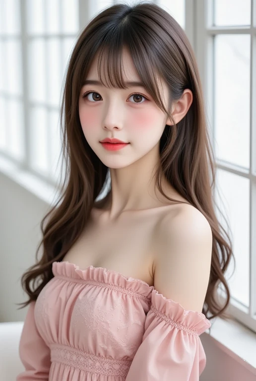 exposed breasts, highest quality, realistic, 8K, High resolution, 1 girl, woman, (skin dents), (portrait:0.6), nice, ((Woman's Room,lace bra, small breasts:1.65)), (long brown hair, parted bangs:1.4), looking at the viewer, (1 girl eyes looking at the viewer:1.6), realistic, (Bokeh), (closed mouth, smile:1.3), nice, Pueros face_v1:1,