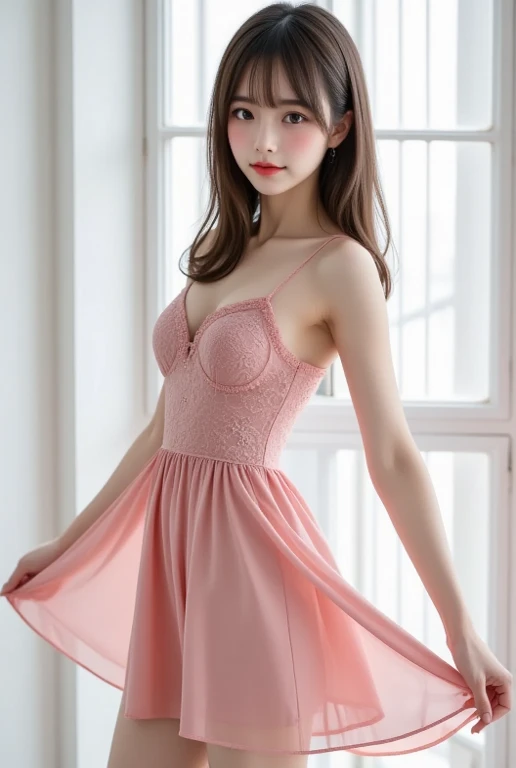((masterpiece)),(((Highest quality))),((Character design sheet)),Thin thighs,Long legs,A very cute 20 year old young woman from Japan.., ((Thin hair that is somewhere between brown and blonde)), ((Short hair with side waves)),Medium bust size、(Curly Hair),(((A very kind smile))), (((She wears pink, Red and magenta lace panties))),(((Wearing a black tight skirt, but、it is'turned over in her hands.))),(((He is wearing a black and white striped shirt.。))) Highly detailed lips, Beautiful Eyes, City Street,
