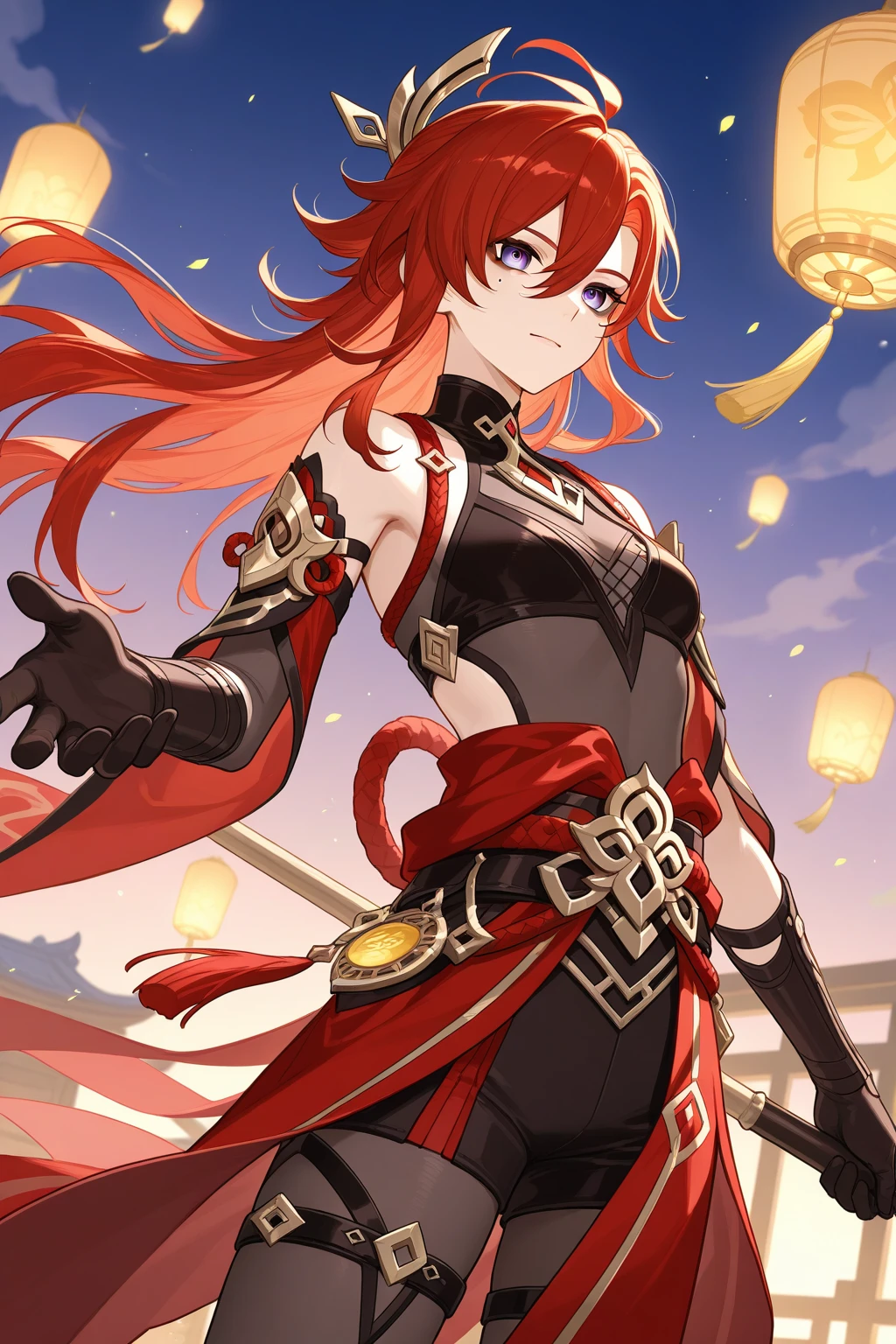 girl with red long hair, hair tied up, eyes upturned, cool girl, big golden horn, sexy red royal clothes, 8k resolution, red sky