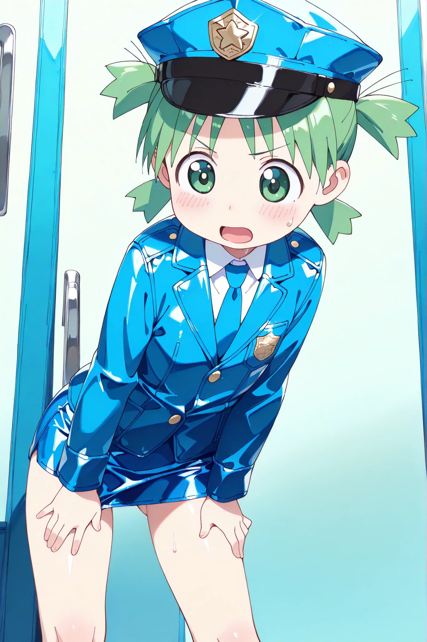 ,(((anime style))),score_9, score_8_up, score_7_up,masterpiece, best quality,ultra detail,1girl,((solo)),koiwai yotsuba,yasuna oribe,(((toddler))),quad tails,, (green hair),(green eyes),((looking down)),school,((blue Police Uniform)),(police hat),(((blue leather blazer))),(long sleeve),(((shiny leather blue mini skirt))),((white shirt)),((blue tie)),((Flat Chest)),(((knee))),(hands on own skirt),(((dramatic angle))),((leaning forward)),((white panty)),
,(ass visible through thighs),(((contrapposto))),(A glimpse of her thin thighs),open mouth,sweat,blush,v-shaped eyebrows,