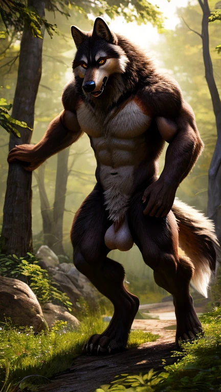 muscular werewolf monster, detailed facial features, glowing yellow eyes, sharp fangs, hairy body, claws, forest outdoor setting, Moonlight night, moody dark lighting, cinematic composition, very detailed, Photorealistic, Octane render, big penis, balls, beard