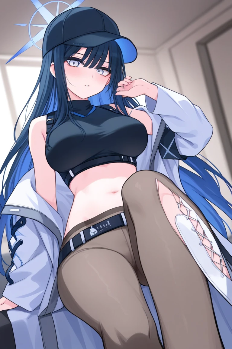 (artwork, best quality) a girl with long messy blue hair, blue eyes, blue eyelashes, blue denim mini shorts, long black stockings, off the shoulder top, standing, tattoo, perfect big body, 4k hd, upset, blushing, in a room, (full body)