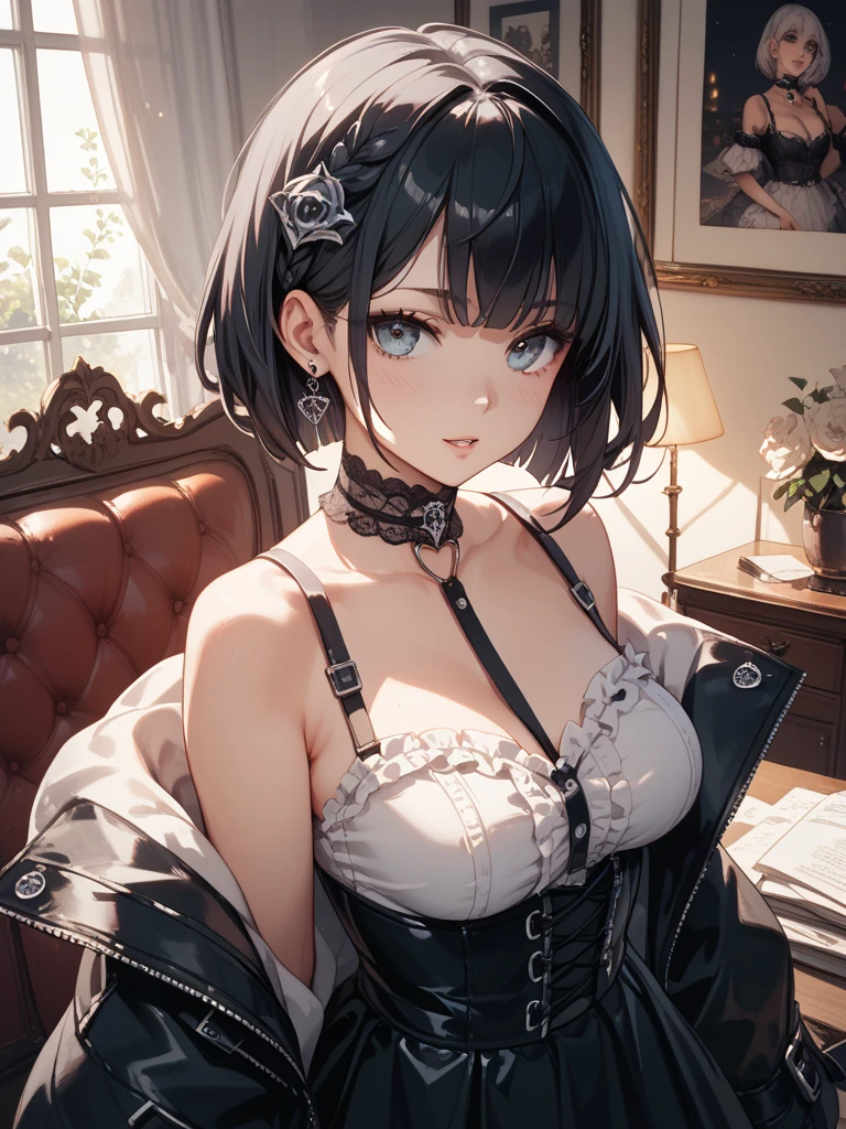 (((Masterpiece))), (portrait), diffused light, dynamic shadows, sharp focus, realistic, detailed, highres, absurdres, anatomically correct, seductive face, white background, torn clothes, looking to the side, black choker, belly button, medium breast