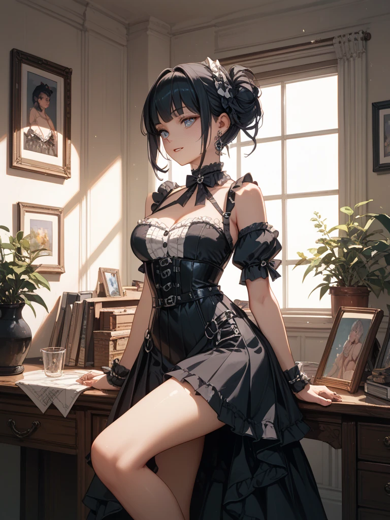 (3D, masterpiece, ultra-detailed, extraordinary detail, highres, best quality), Solo, 1girl, (short hair, two_tone_hair:1, (half blue_hair:1, half black_hair:1, ), (, heterochromia:1.1, ((left eye yellow)), ((right eye glowing blue:1)), smirk, small breasts, cleavage, corset, black and blue corset, (white trench coat), :1, plaid skirt, (fishnets, fishnet legwear), high heels