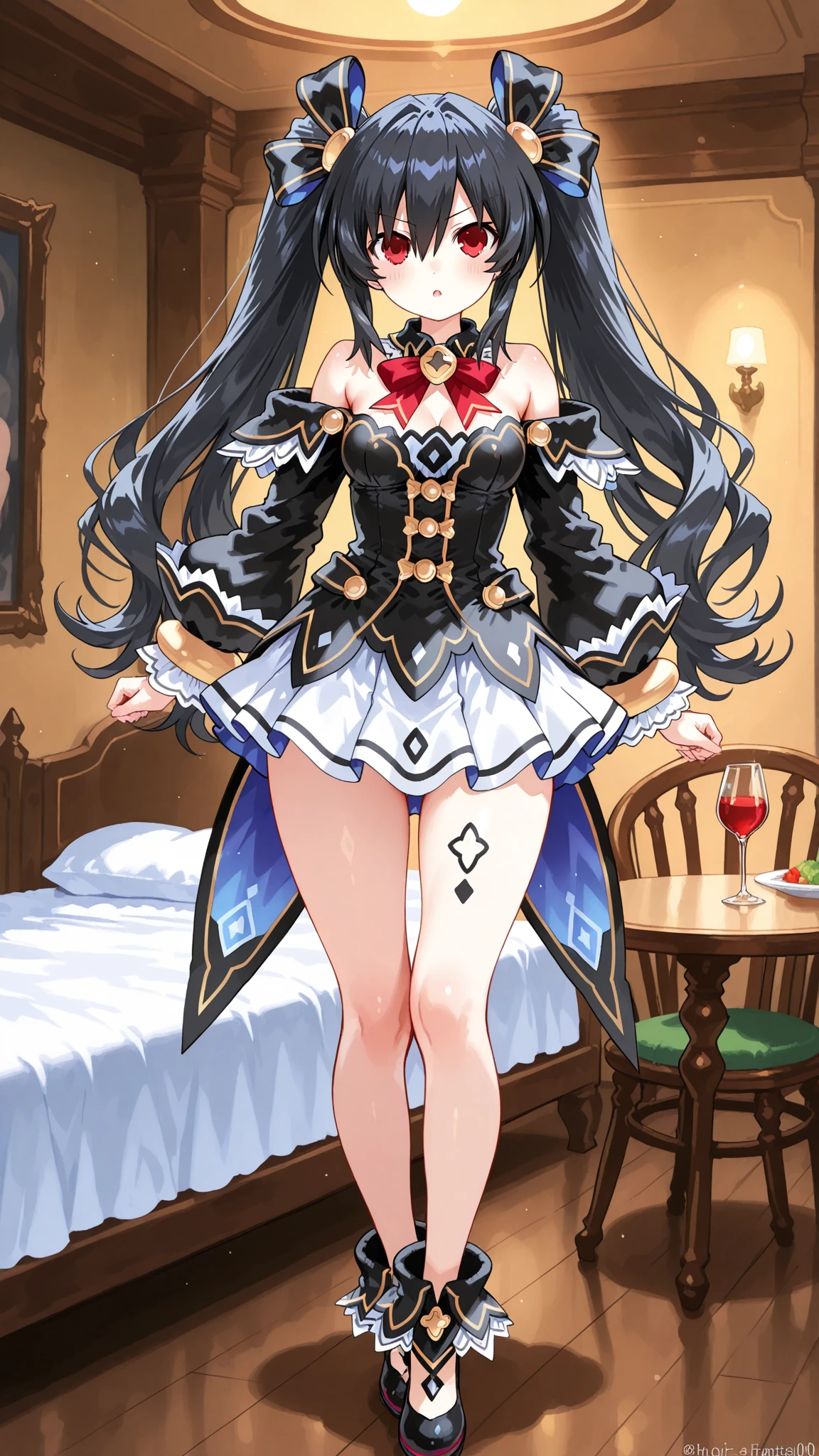 masterpiece, best quality, ultra-detailed, illustration, warm lighting, bright colors, 1girl, solo, purple eyes, dark blue hair, dark skin, carmen_(counter:side), cat ears, cat girl, cat tail, very long hair, jewelry, crazy eyes, crazy_eyes, medium breast, heart-shaped eyewear, 

apron, black_bow, black_bowtie, white_dress, blinds, book, bow, bowtie, cleavage, cleavage_cutout, closed_mouth, clothing_cutout, cup, dress, frilled_dress, frills, full_body, garter_straps, hair_twirling, hand_on_own_thigh, hand_up, indoors, lamp, legs, legs_up, long_hair, looking_at_viewer, maid, maid_apron, no_shoes, panties, puffy_short_sleeves, puffy_sleeves, short_sleeves, sitting, solo, stirrup_legwear, thighhighs, thighs, underwear, white_apron, white_garter_straps, white_panties, white_thighhighs, feet out of frame,