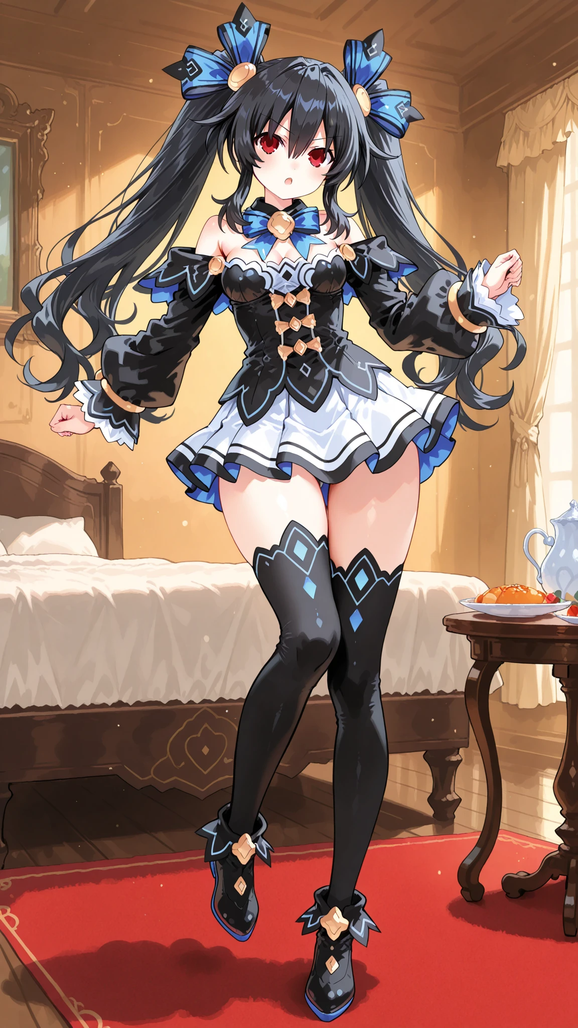 ((Highest quality)), ((masterpiece)), ((Very detailed)), (Very mature),A cute, gentle-looking female high school student with black hair and a height of about 165cm.,A female high school student with a cute smile and small breasts wearing a transparent blue waifus with a cute patterned hood and bare shoulders, A gentle woman with a slightly long vertical face,Small Faced Woman,alone, Cute attitude,(background(bright),Long Hair - Straight,Knee-high socks、A transparent blue veil with a cute pattern and white hood with off-the-shoulder sleeves,White wall、Sitting、Facing the viewer、縁に模様がある壁が1面のbackground